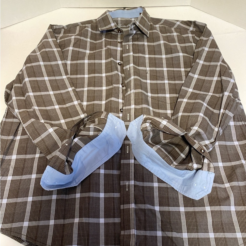 Tasso Elba Brown and White Plaid Button Down Shirt